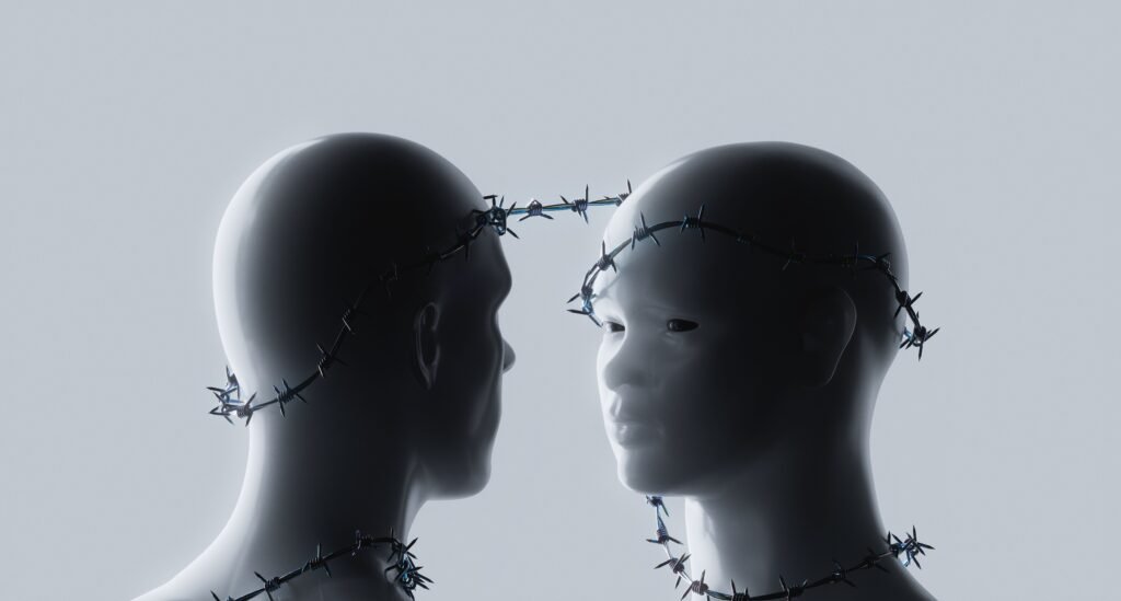 Two stylized human figures connected by barbed wire symbolizing emotional connection.