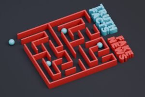 Inicio 3D render of a red maze labeled with fake news and truth concepts.